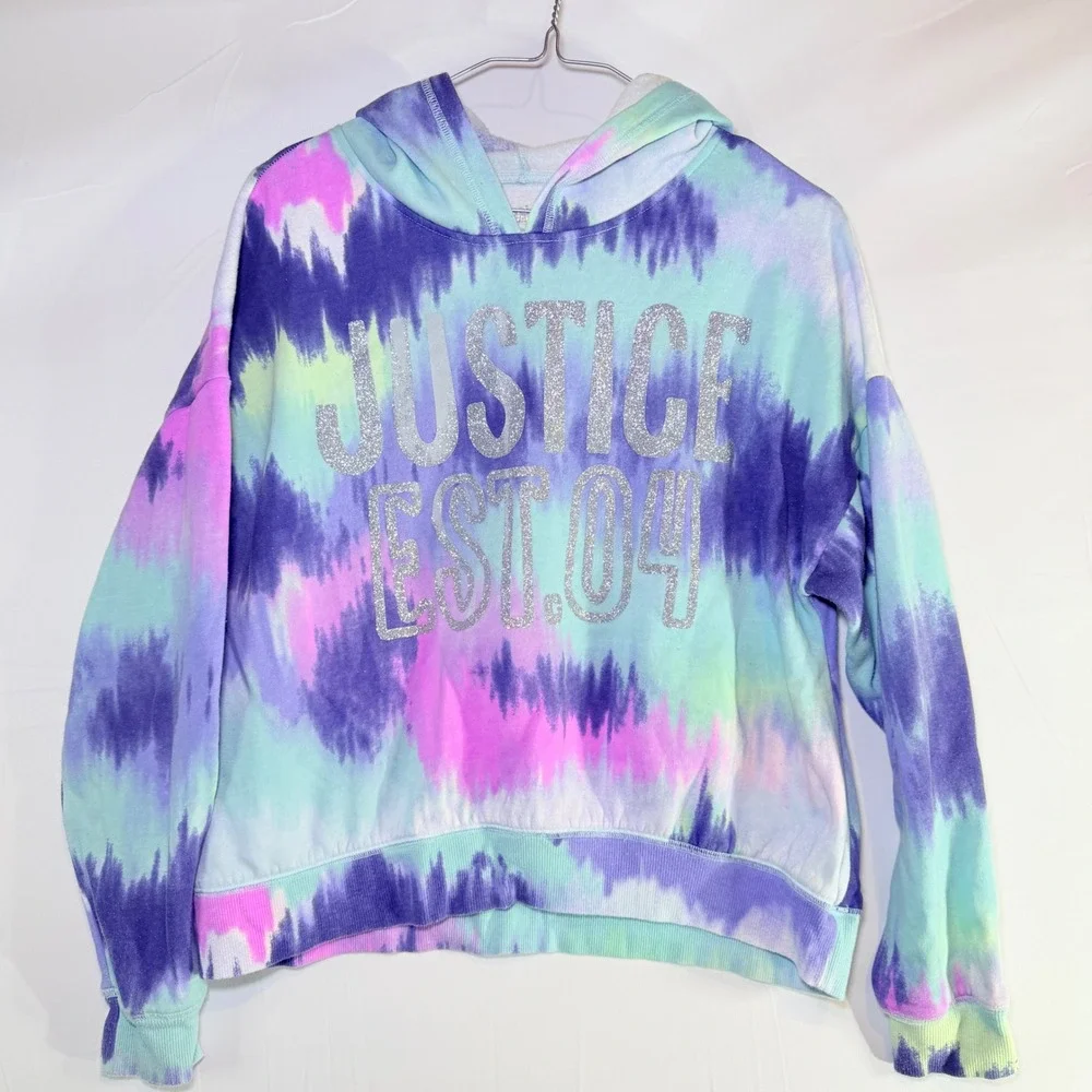Justice Girls XL 16/18 Tie Dye Hoodie Purple Teal Pink Glitter Logo Pullover